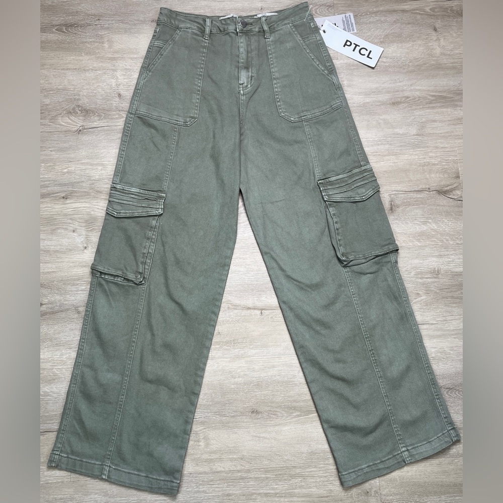 PTCL Cargo Pants Womens Olive Green High Rise Wide Leg